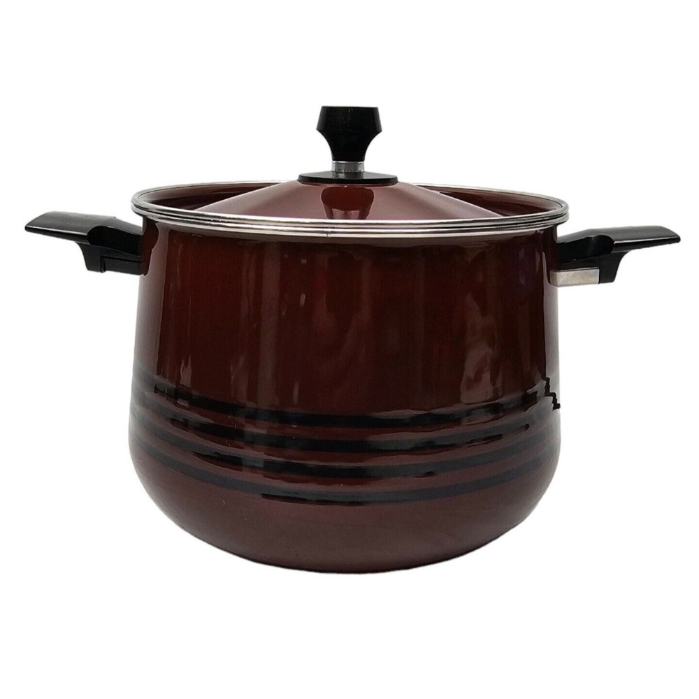 Vintage West Bend Scandia Enamelware Stock Pot with Lid 6 QT Brown Black Stripes